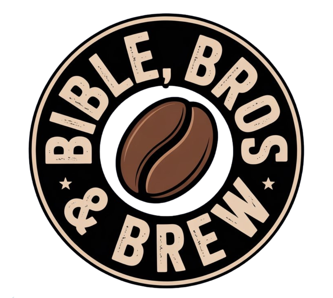 The name Bible, Bros & Brew, circling a single coffee bean. The letters are cream in color on a black background with a light chocolate coffee bean in the middle with Cream trim around the outside of the circle.